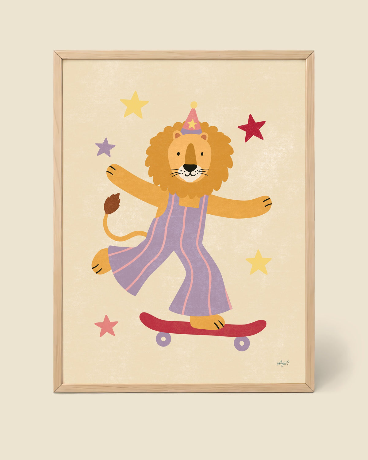 Party Lion Skateboard Poster - Lilac framed in a natural wood frame