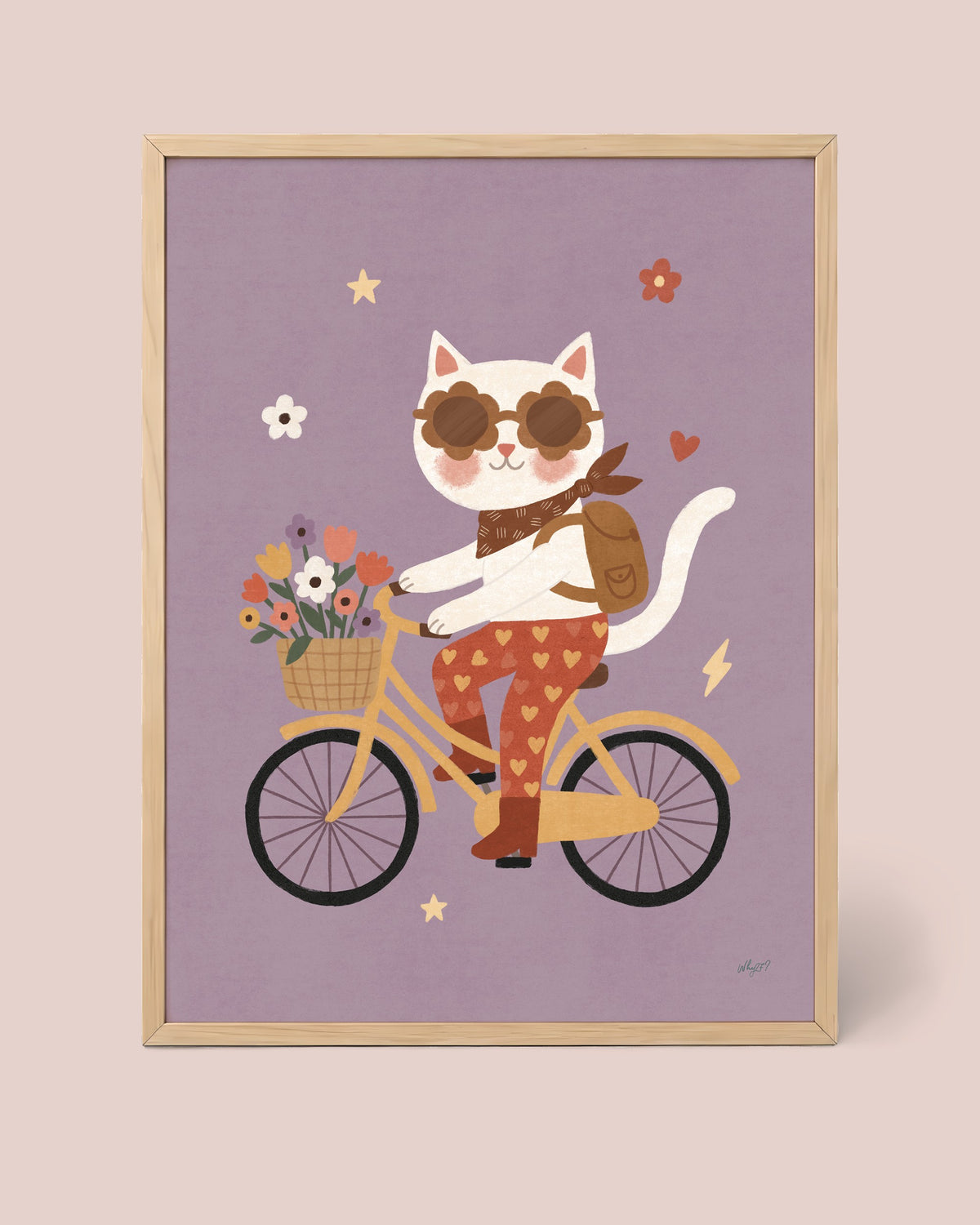 Flower Bike Cat Poster framed in a natural wood frame