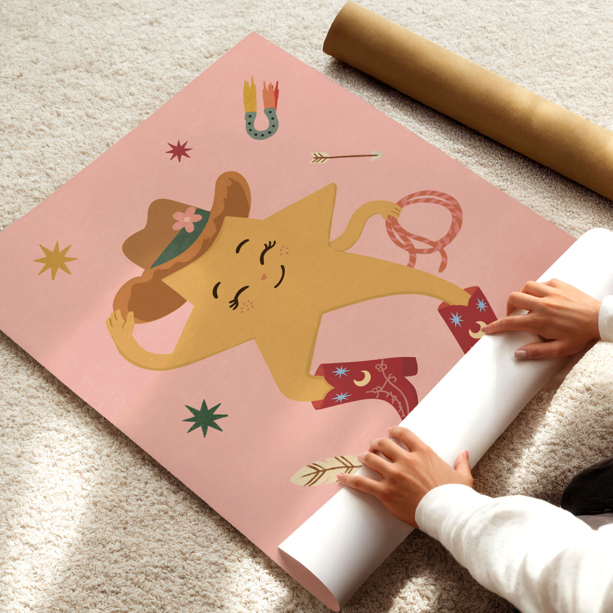 Illustrated yellow star with a face wearing a cowboy hat and red cowboy boots, holding a lasso, on a soft pink background.