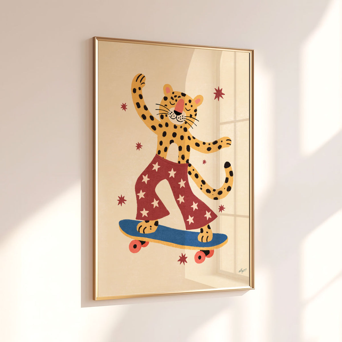 Illustrated poster of a leopard riding a skateboard in red star-print pants with one arm raised, surrounded by small stars