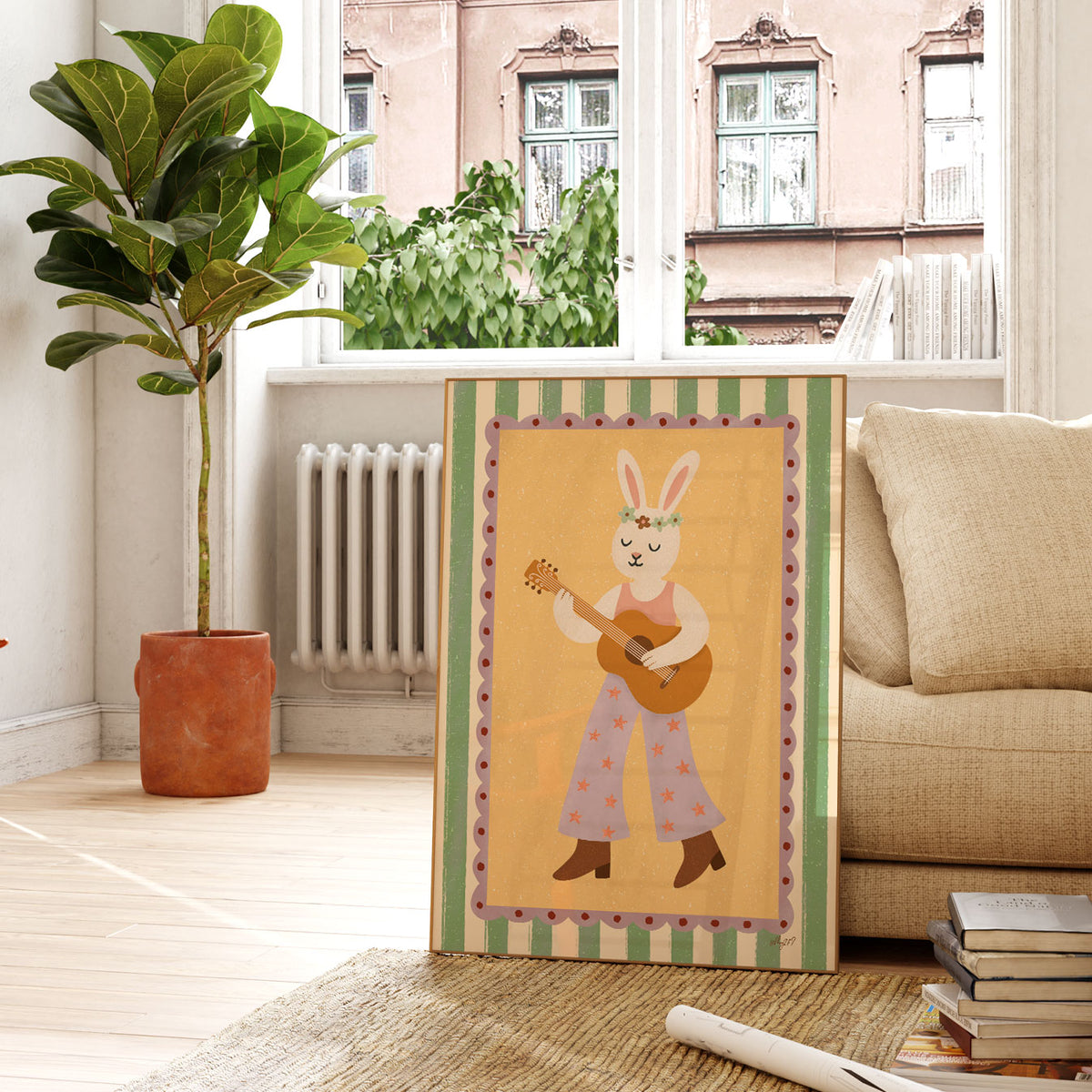 Music kids wall art featuring a hand-drawn bunny guitarist surrounded by a retro green striped frame.