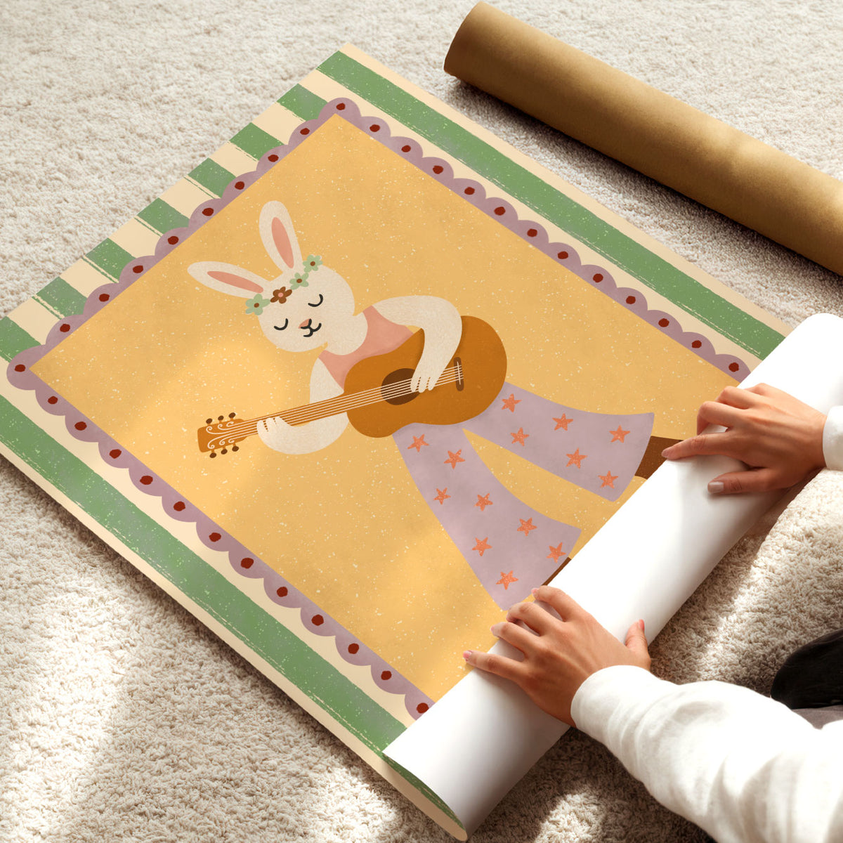 Hand-drawn musical bunny playing guitar for a kids bedroom, playroom or creative music corner.