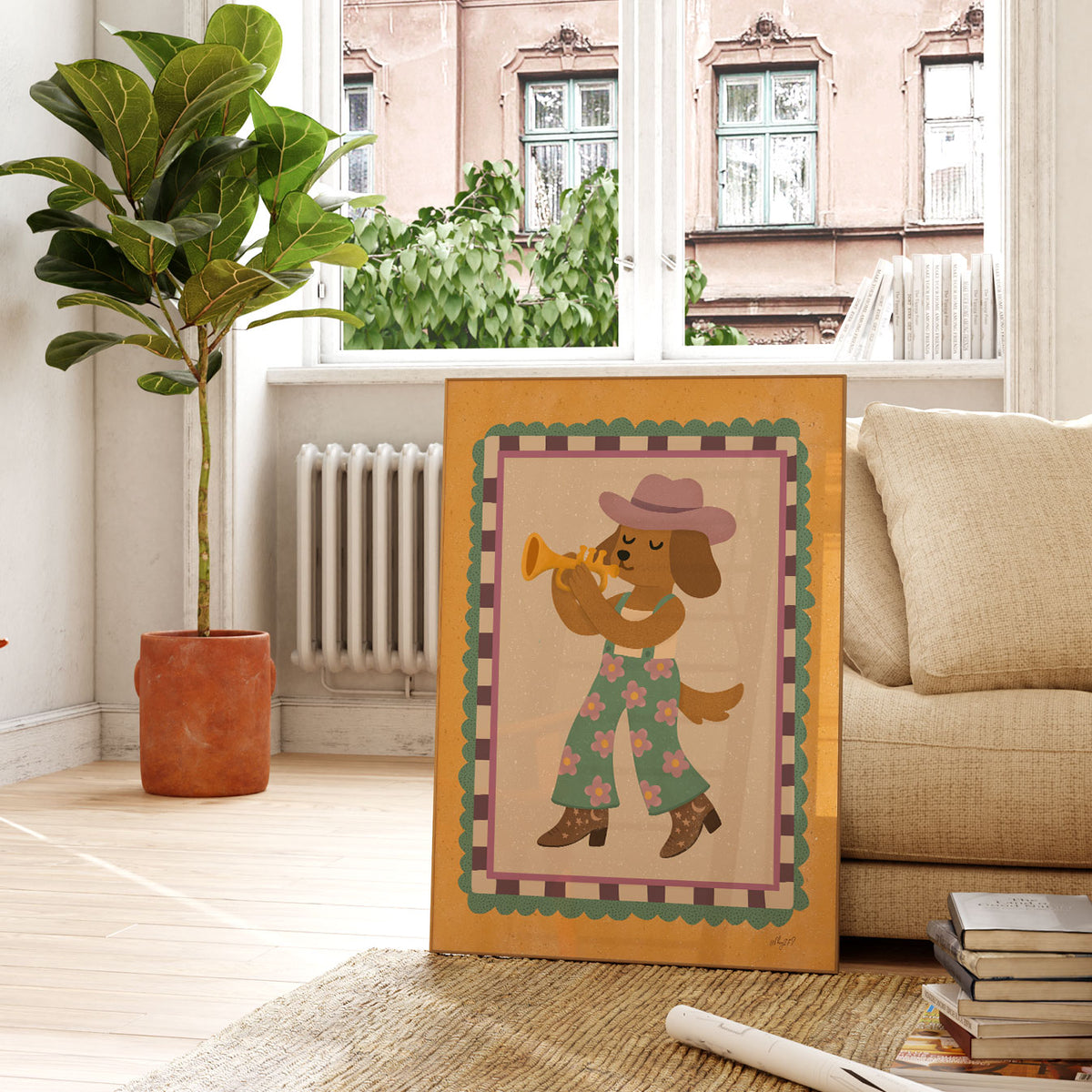 Trumpet dog kids wall art featuring a musical dog in flower-print trousers and brown cowboy boots.