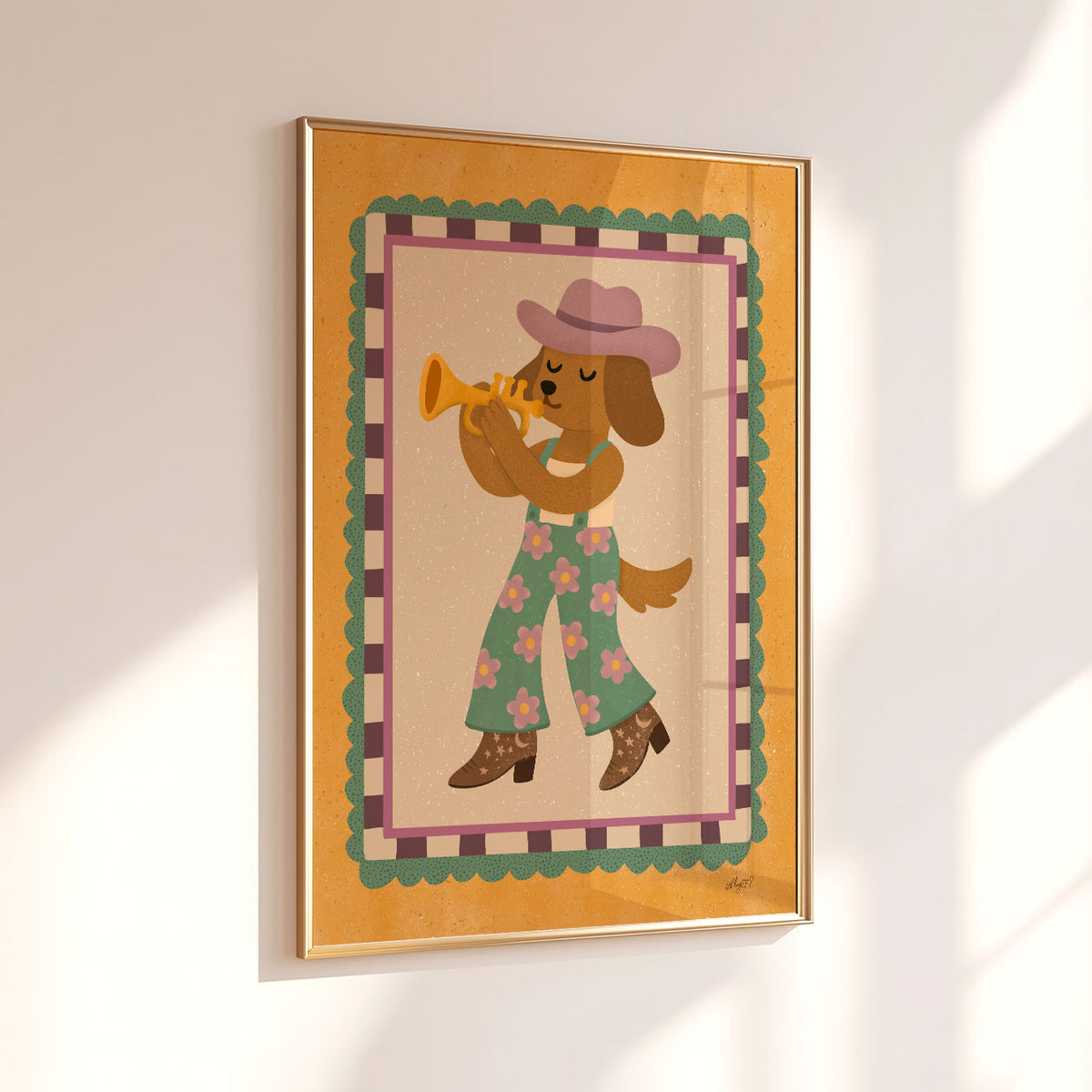 Hand-drawn musical dog with trumpet and cowboy boots for a kids bedroom, playroom or music corner.