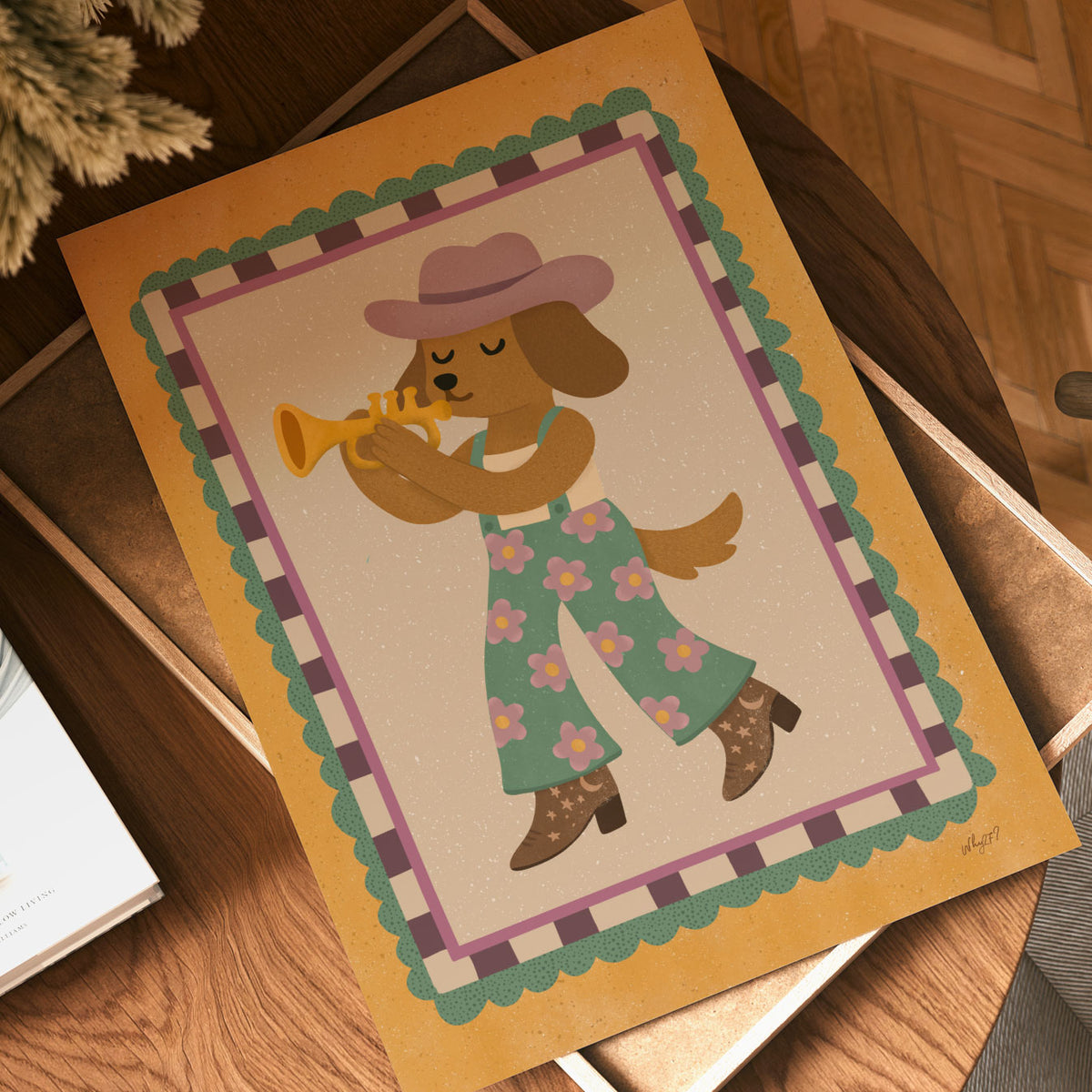 Whimsical trumpet-playing dog poster in mustard, pink and green with vintage-inspired floral clothing.