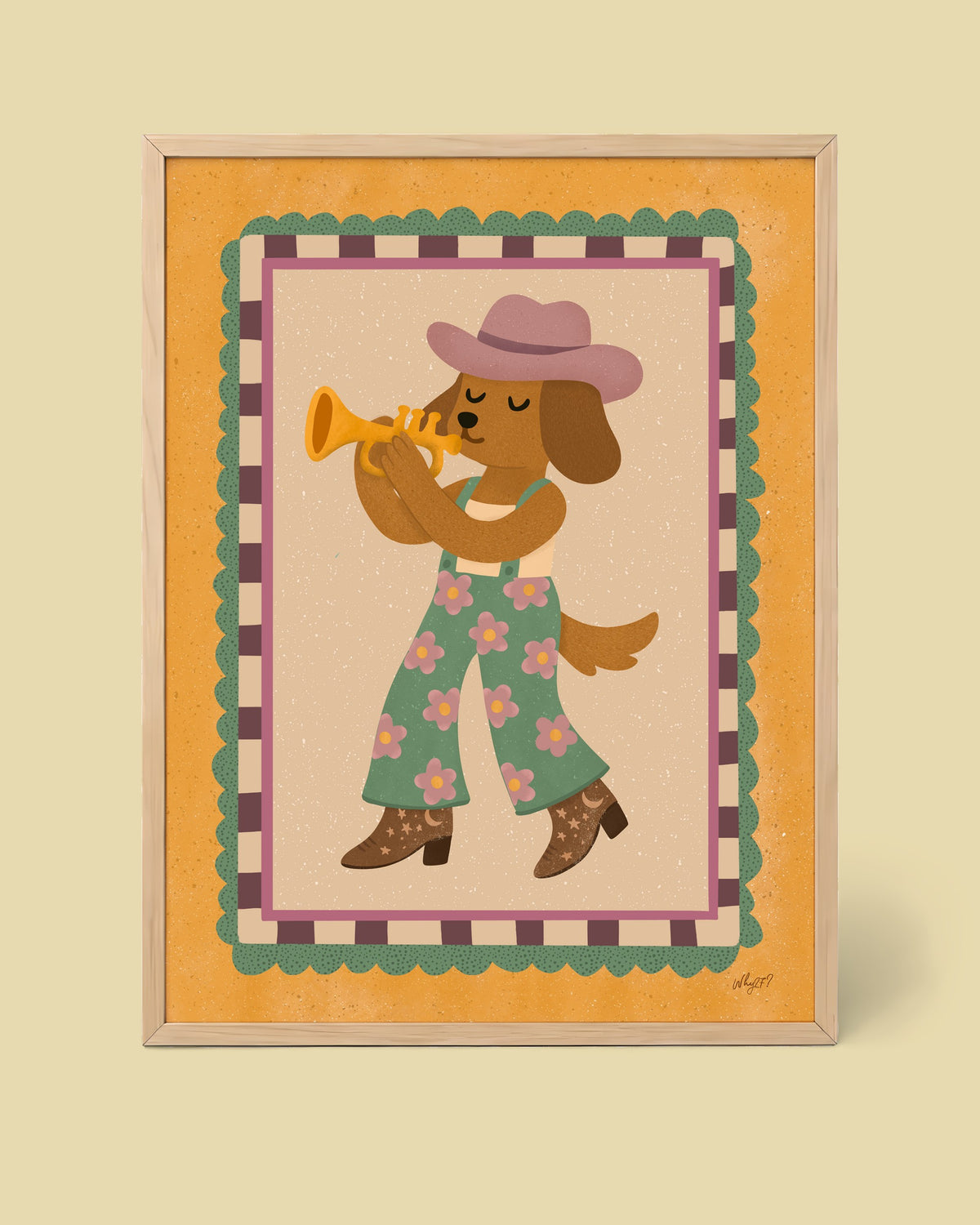 Trumpet Dog Poster framed in a natural wood frame