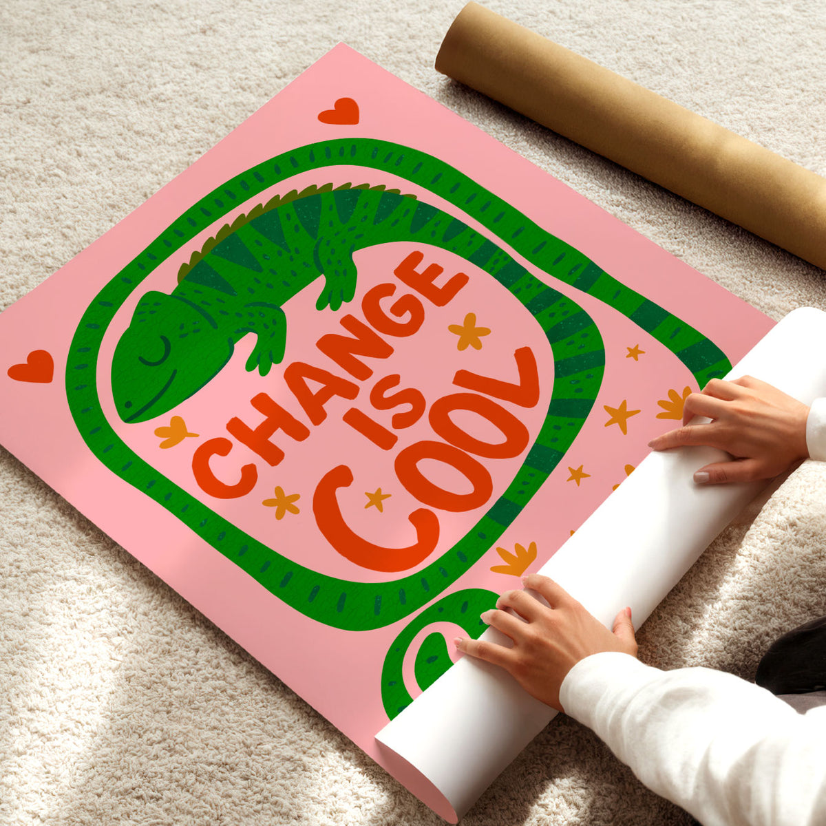 Playful chameleon wall art about change and growing for a kids bedroom, playroom or learning space.