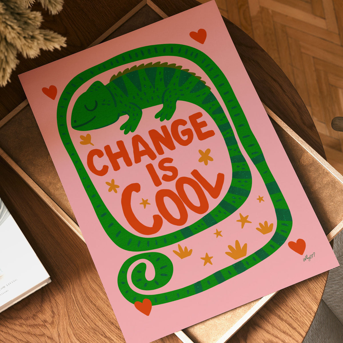 Growth mindset wall art for kids featuring a green chameleon wrapped around bold hand-lettered typography.
