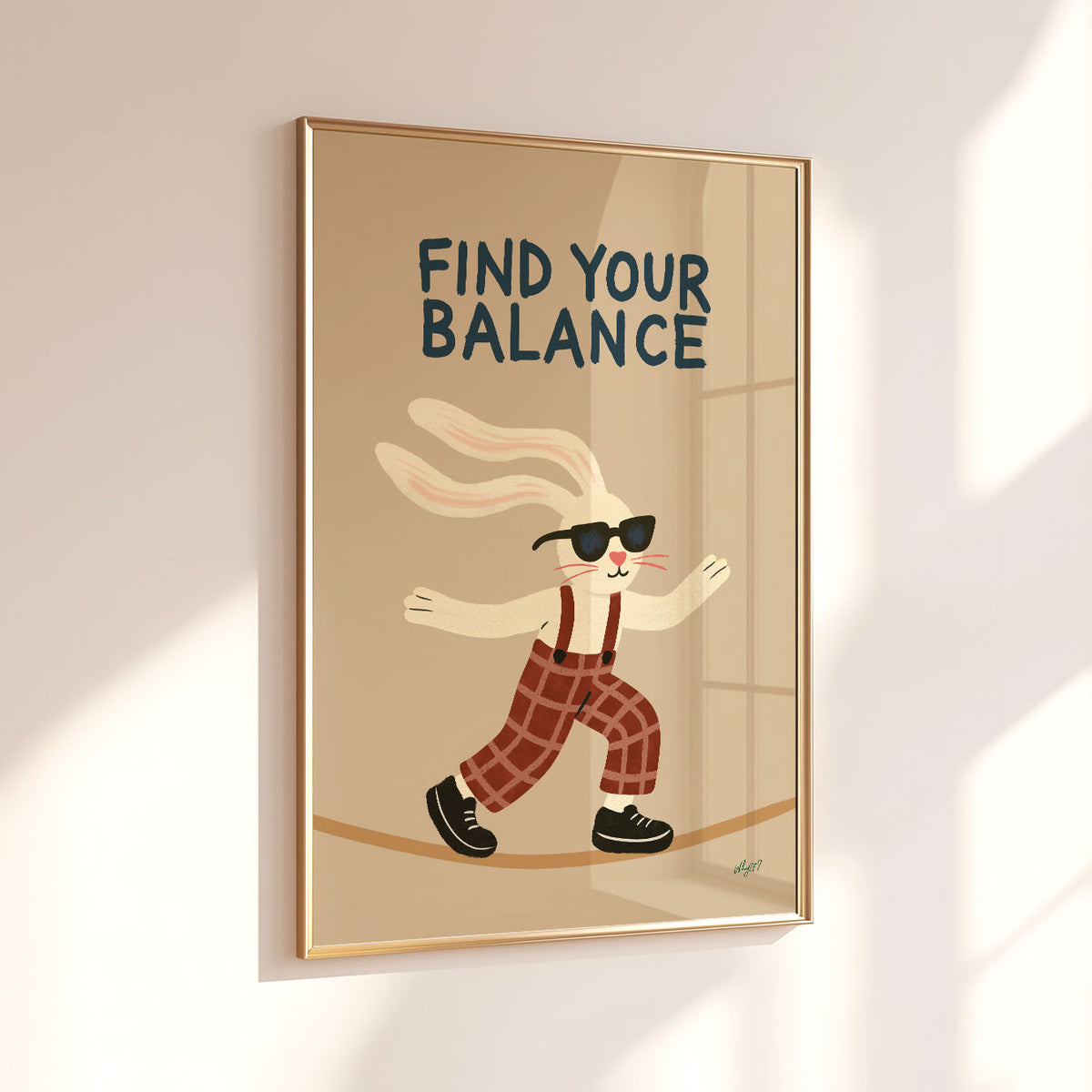 Positive kids wall art featuring Find Your Balance lettering above a hand-drawn rabbit balancing with arms out.