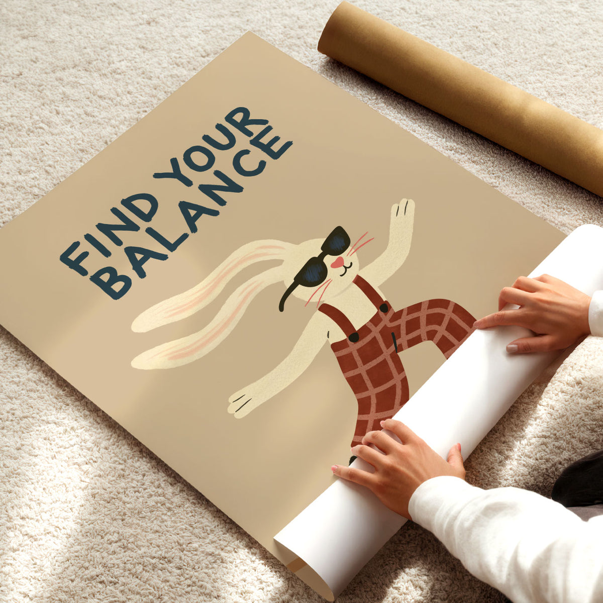 Hand-drawn bunny poster with sunglasses, suspenders and brown checked trousers walking along a balance line.