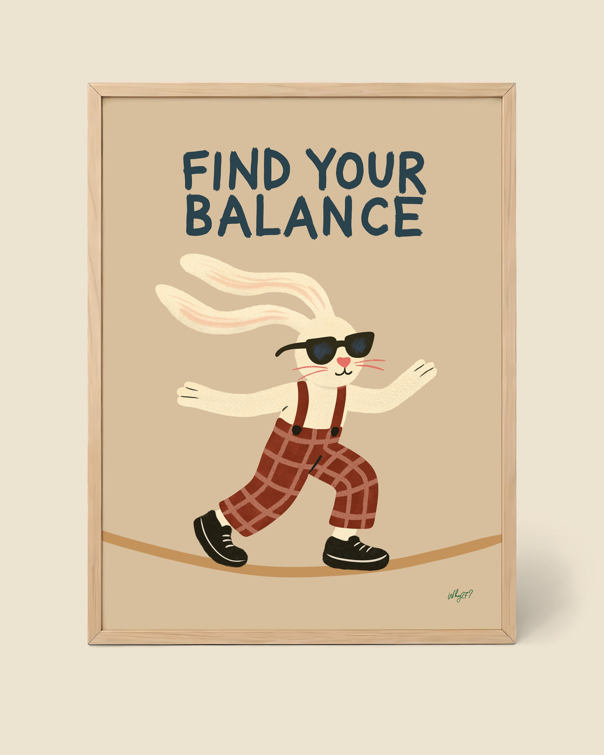 Find Your Balance Rabbit Sand Poster framed in a natural wood frame