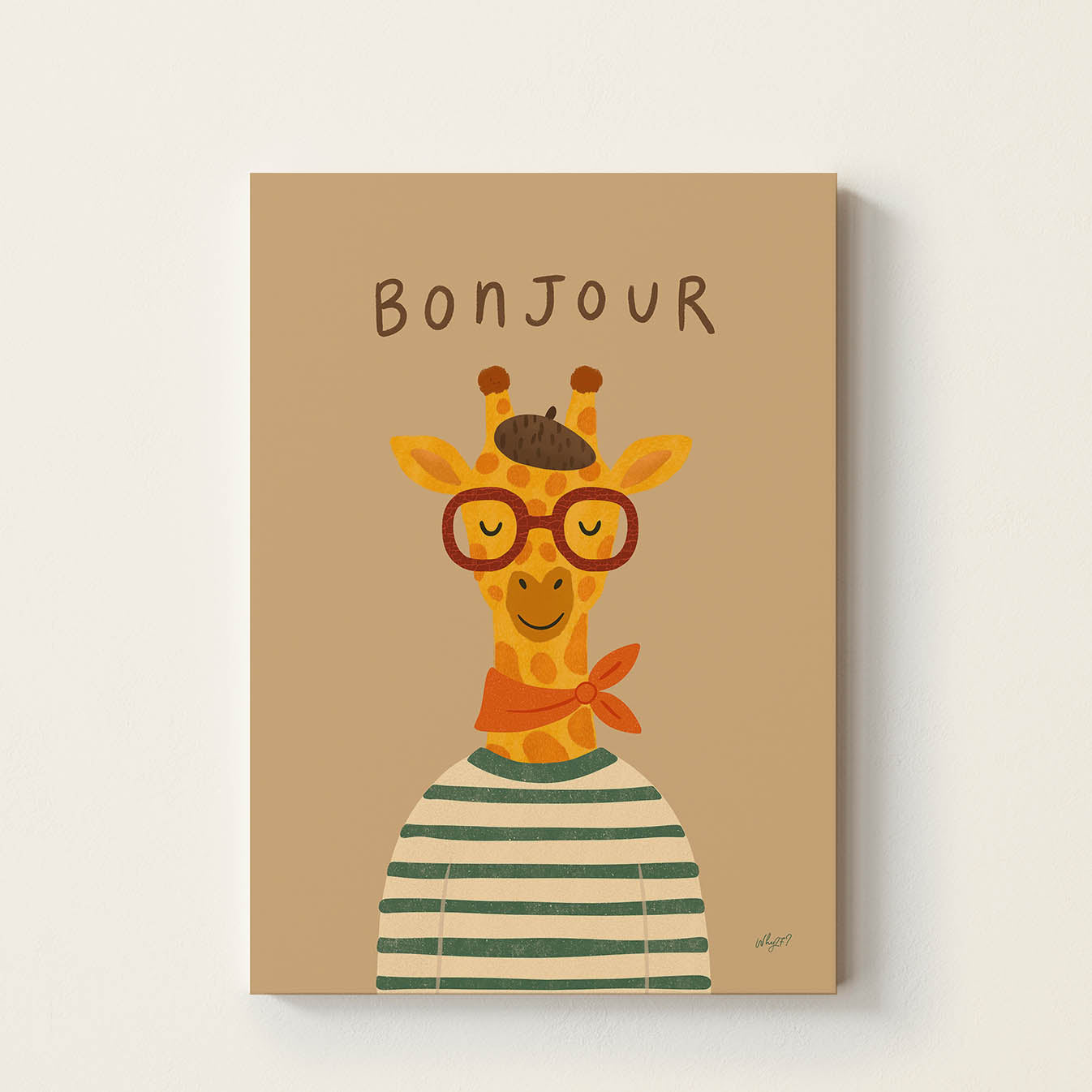Bonjour giraffe poster featuring a cheerful giraffe wearing glasses, a striped shirt, and a scarf on a warm neutral background.