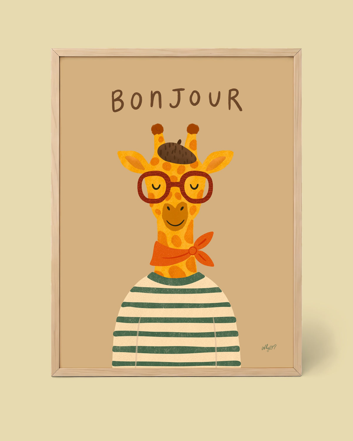 Bonjour Giraffe Poster framed in a natural wood frame