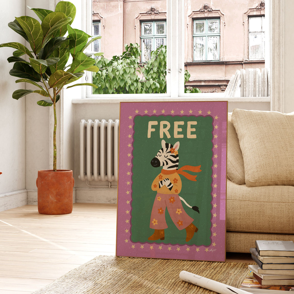 Groovy zebra kids wall art featuring a stylish zebra in colourful retro clothing on a green background.