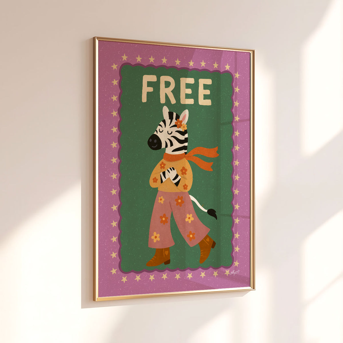 Whimsical zebra poster with floral trousers, orange scarf and boots framed by stars on a green background.