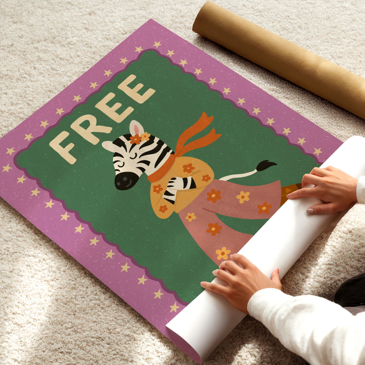 Colourful retro zebra wall art in green, pink and orange tones for a kids bedroom or playroom.