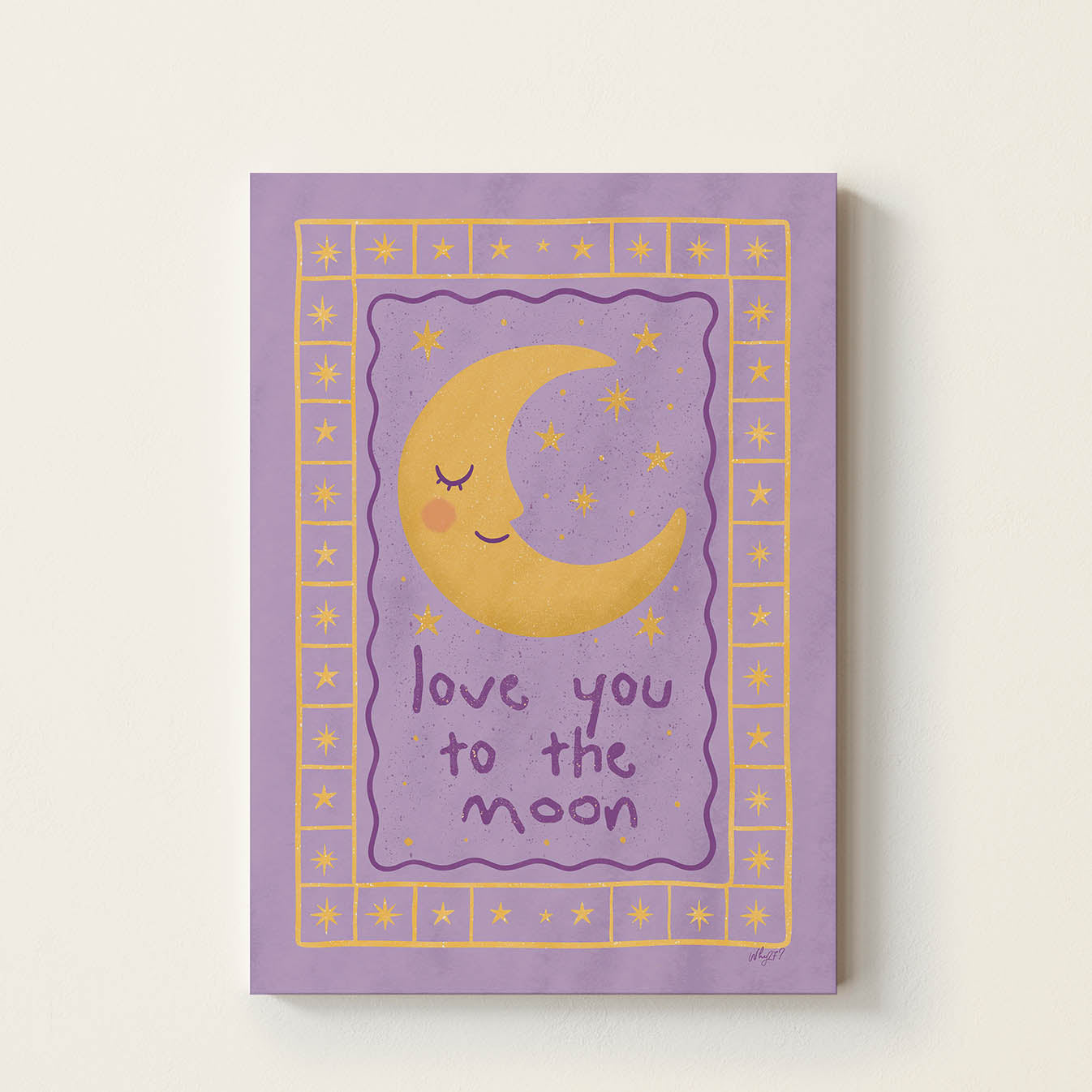 Hand-drawn smiling crescent moon surrounded by stars with the words "Love You to the Moon", whimsical nursery wall art in soft purple and yellow tones for babies' rooms and children's bedrooms.