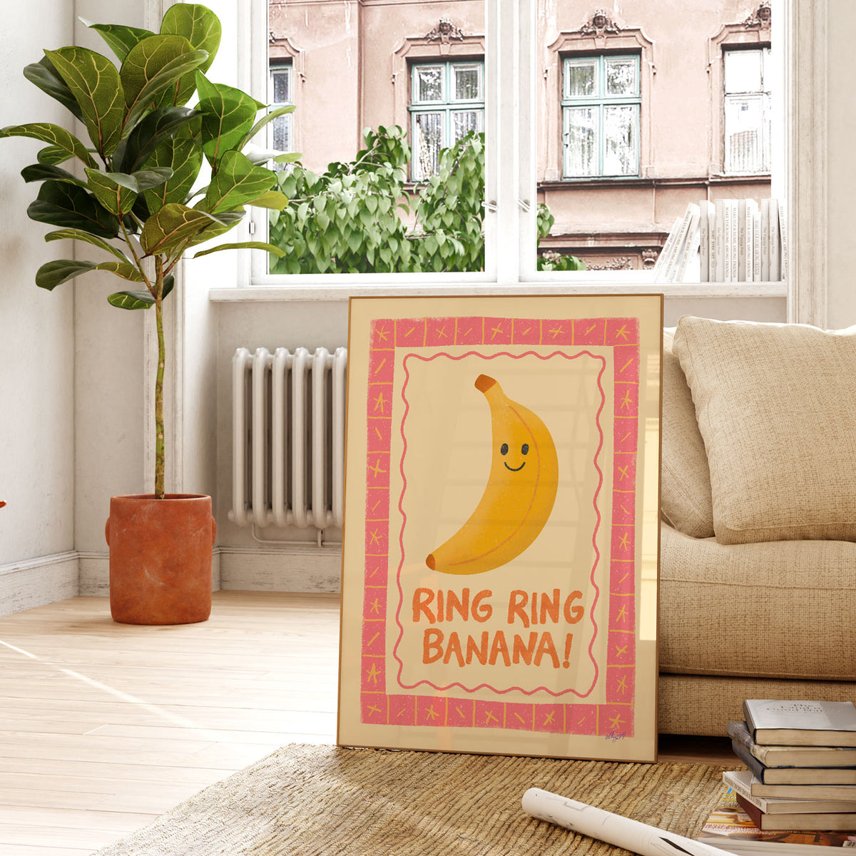 Retro banana poster with funny Ring Ring Banana quote in yellow, pink, orange and cream tones.