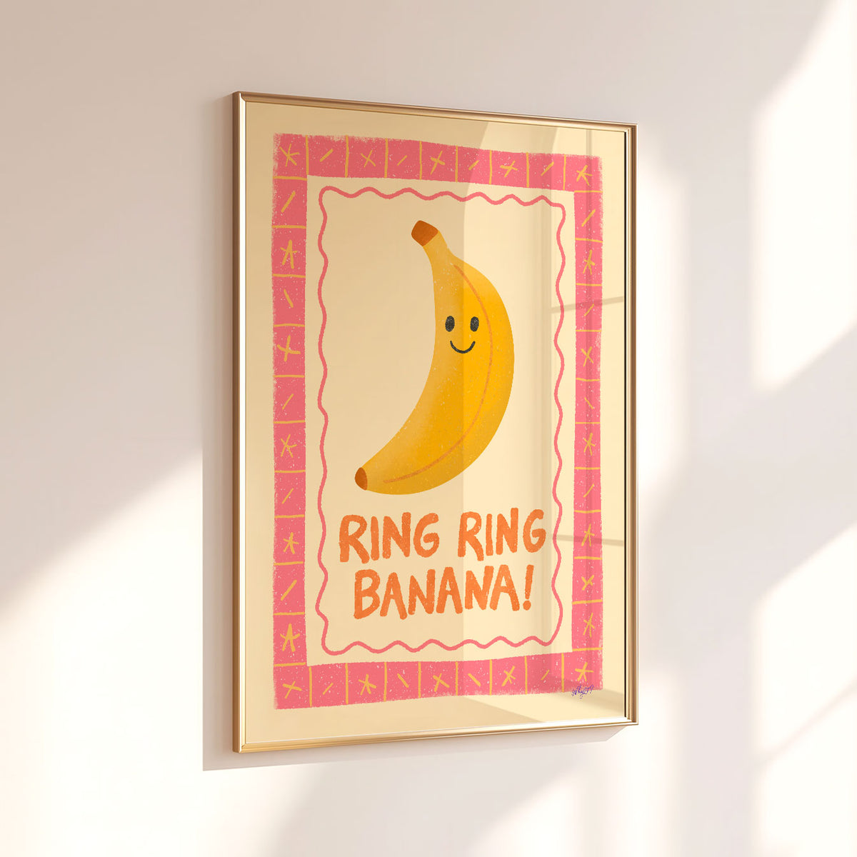 Colourful banana wall art with playful hand lettering for a kids bedroom, playroom or family space.