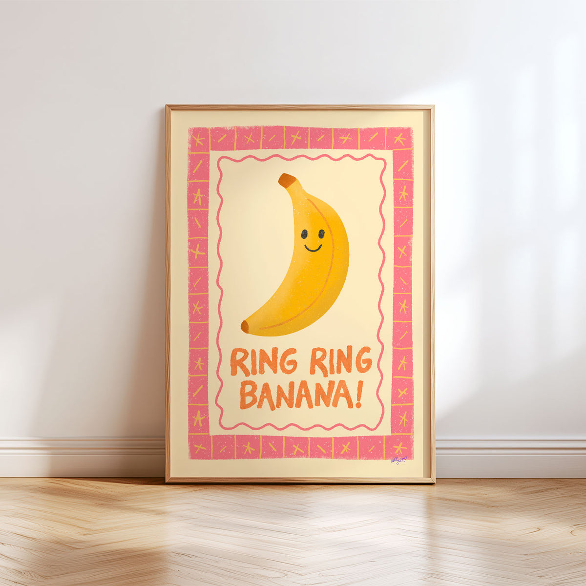 Hand-drawn fruit poster with smiling banana and Ring Ring Banana lettering on a warm cream background.