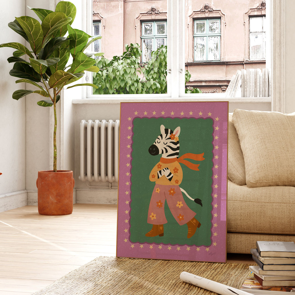 Playful zebra illustration wearing flower-print flares and cowboy boots surrounded by small yellow stars.