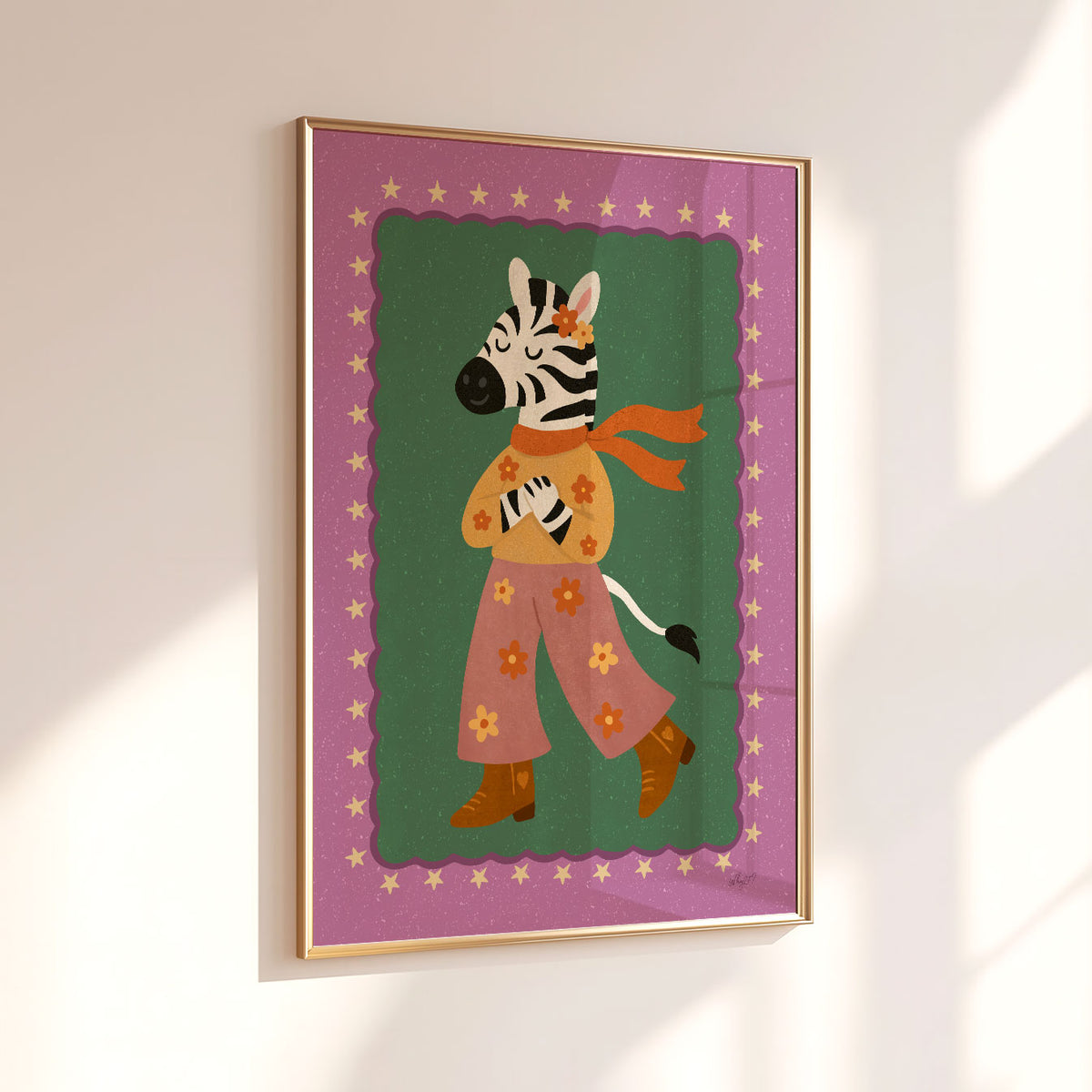 Retro kids wall art featuring a hand-drawn zebra character in orange, pink and green vintage-inspired clothing.