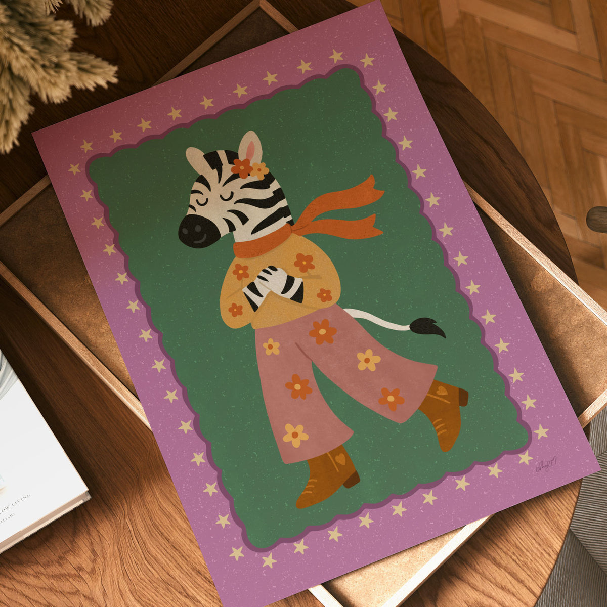 Groovy zebra kids wall art featuring a stylish zebra in colourful retro clothing on a green background.