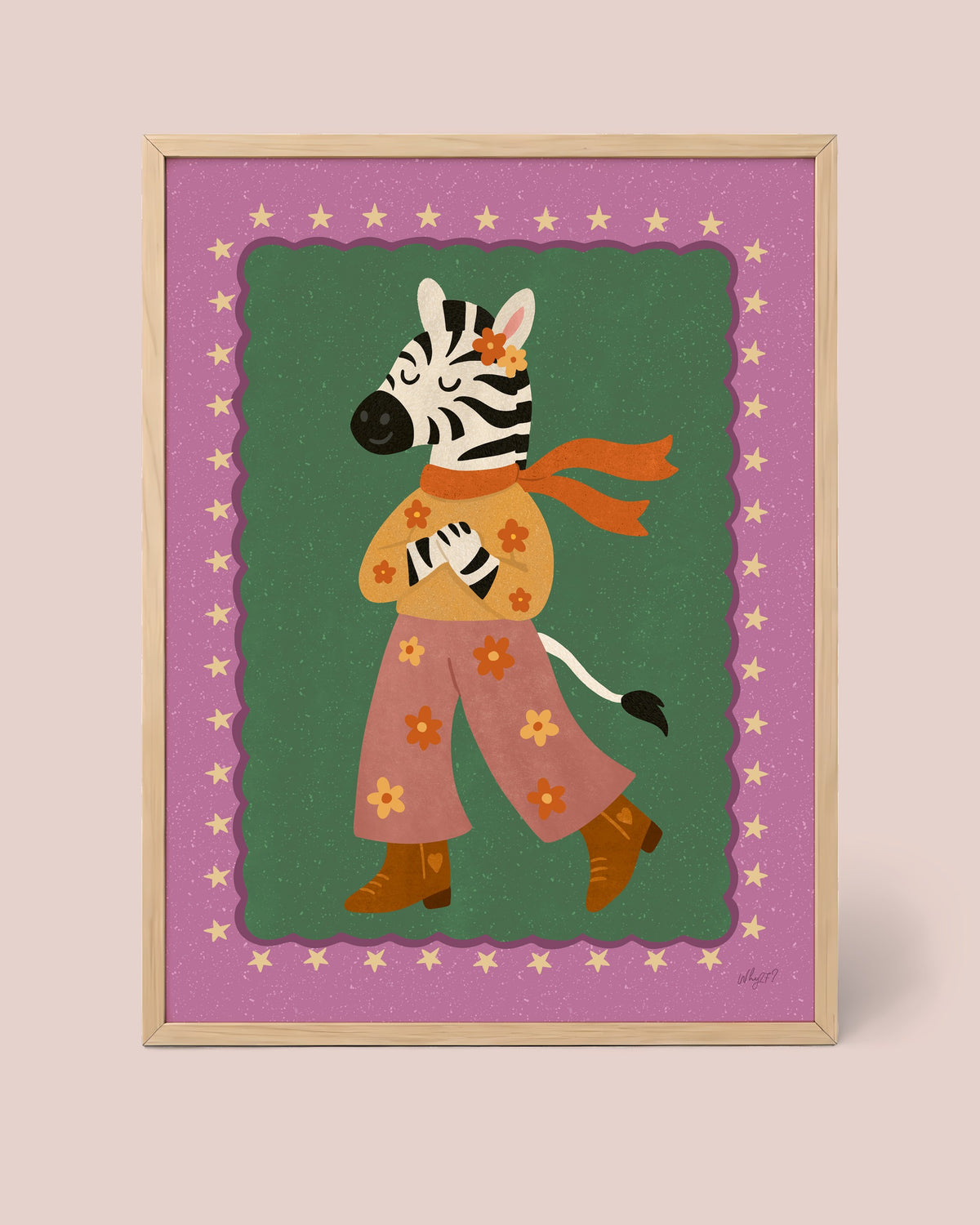 Groovy Zebra Poster framed in a natural wood frame