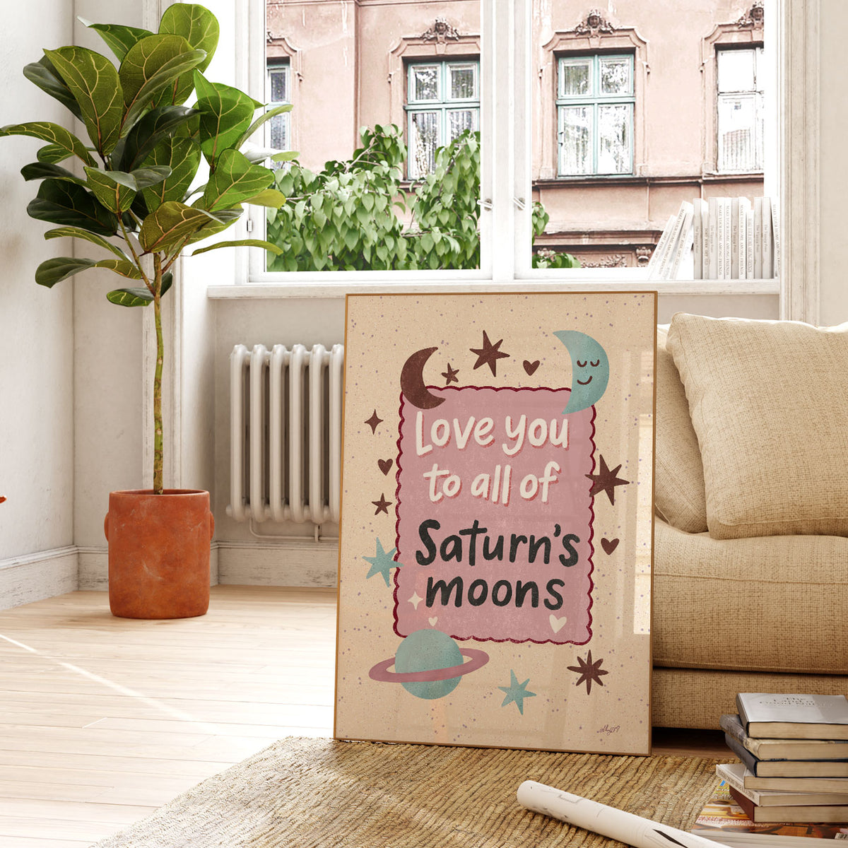 Celestial kids wall art featuring Love You to All of Saturn’s Moons lettering with colourful space illustrations.