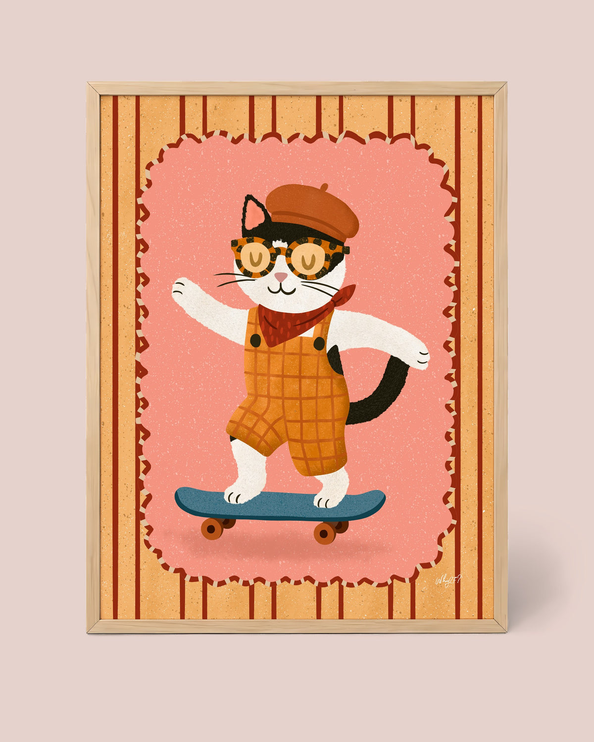 Skater Cat Poster framed in a natural wood frame