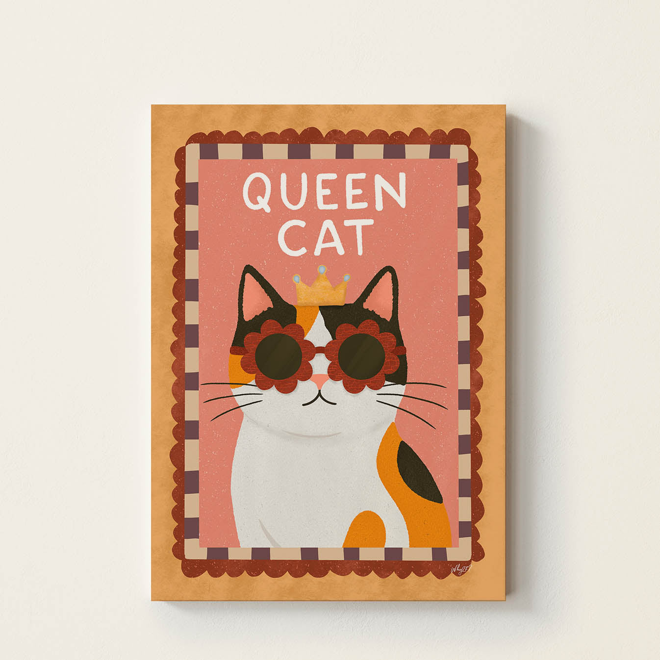 Hand-drawn calico cat wearing a golden crown and flower-shaped sunglasses beneath the words "Queen Cat", whimsical kids wall art for nurseries, bedrooms, and playrooms.