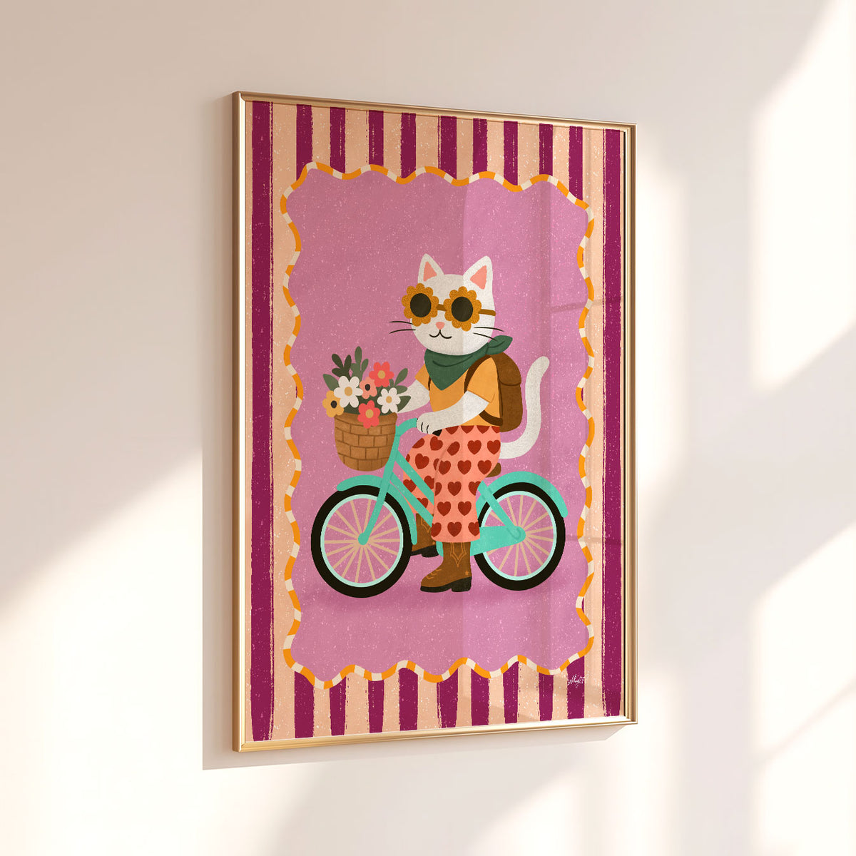 Retro cat illustration riding a bicycle surrounded by pink, berry, mint and floral details.