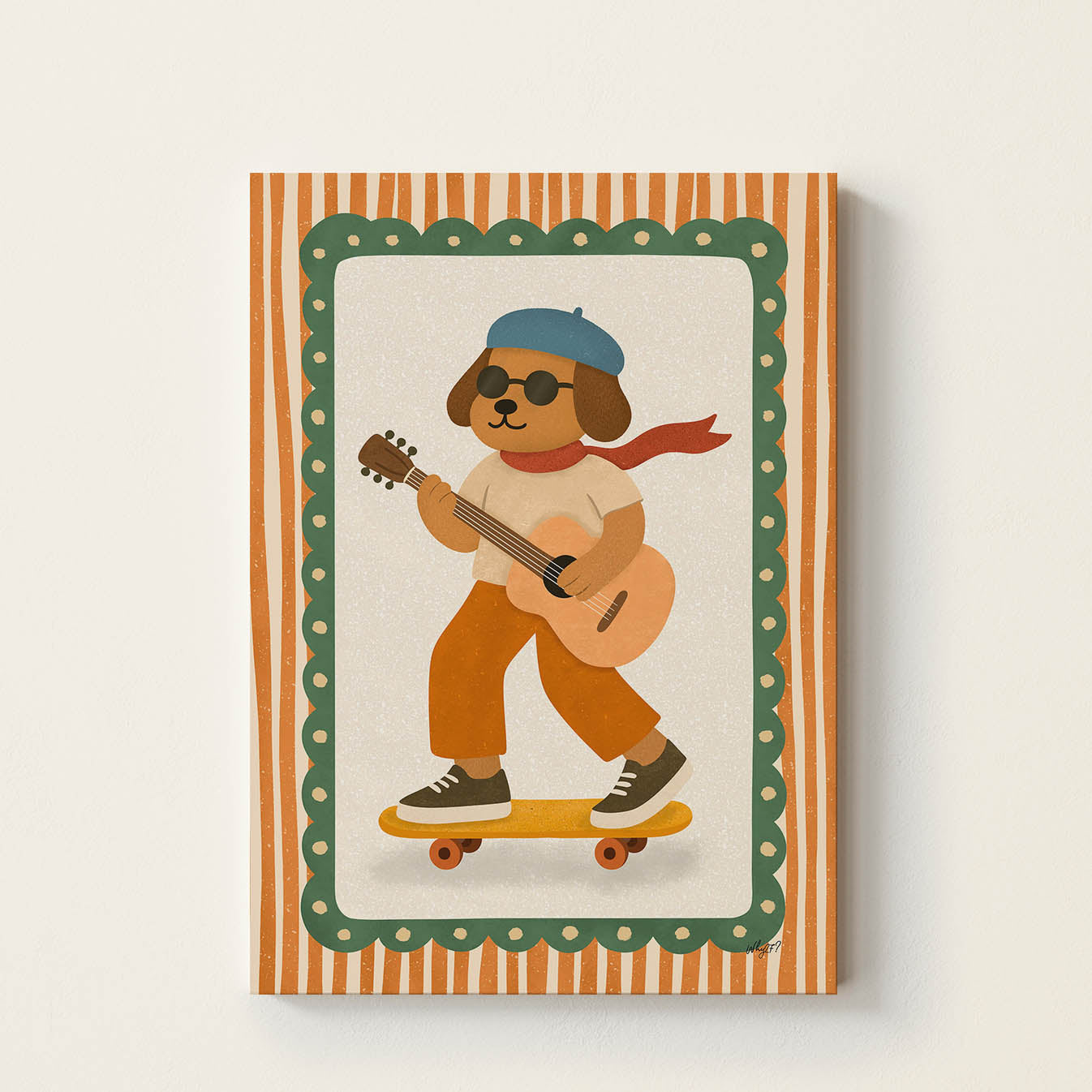 Hand-drawn dog wearing sunglasses, a blue beret, and a red scarf while riding a skateboard and playing an acoustic guitar, whimsical kids wall art for nurseries, bedrooms, playrooms, and music rooms.