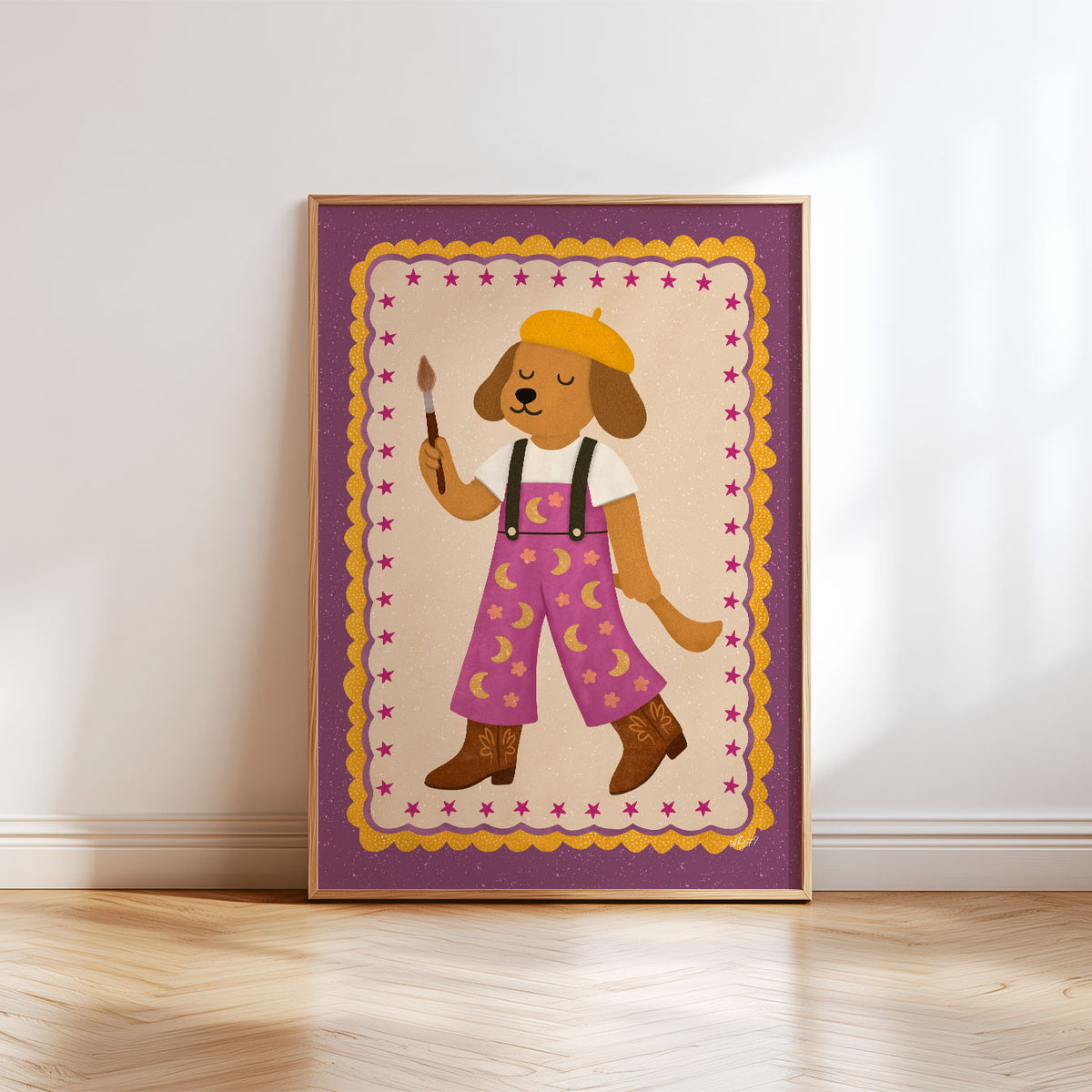 Hand-drawn dog painter wearing colourful overalls and holding a paintbrush on a warm cream background.