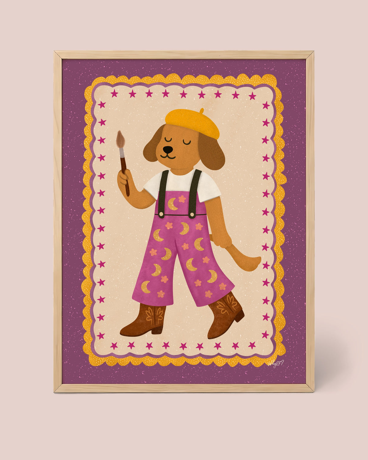 Artist Dog Poster framed in a natural wood frame