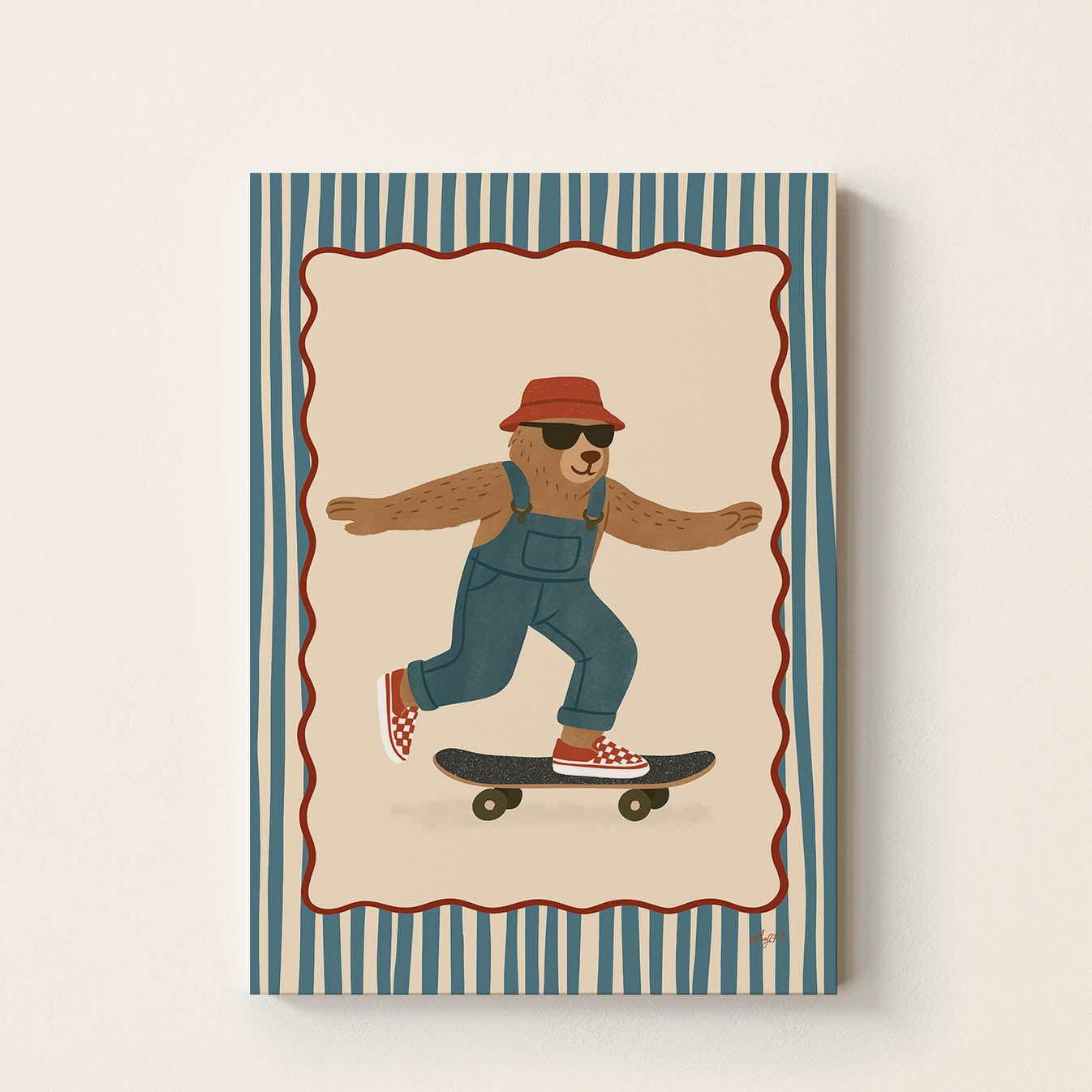 Cool bear skater poster featuring a bear wearing sunglasses and denim overalls riding a skateboard on a striped vintage-inspired background.