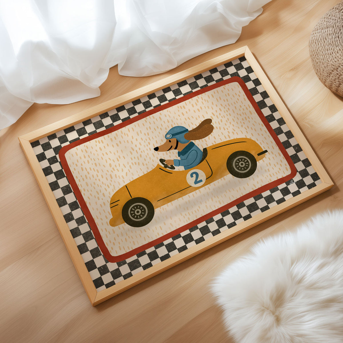 Landscape poster of a dog in a blue helmet driving a yellow race car number two
