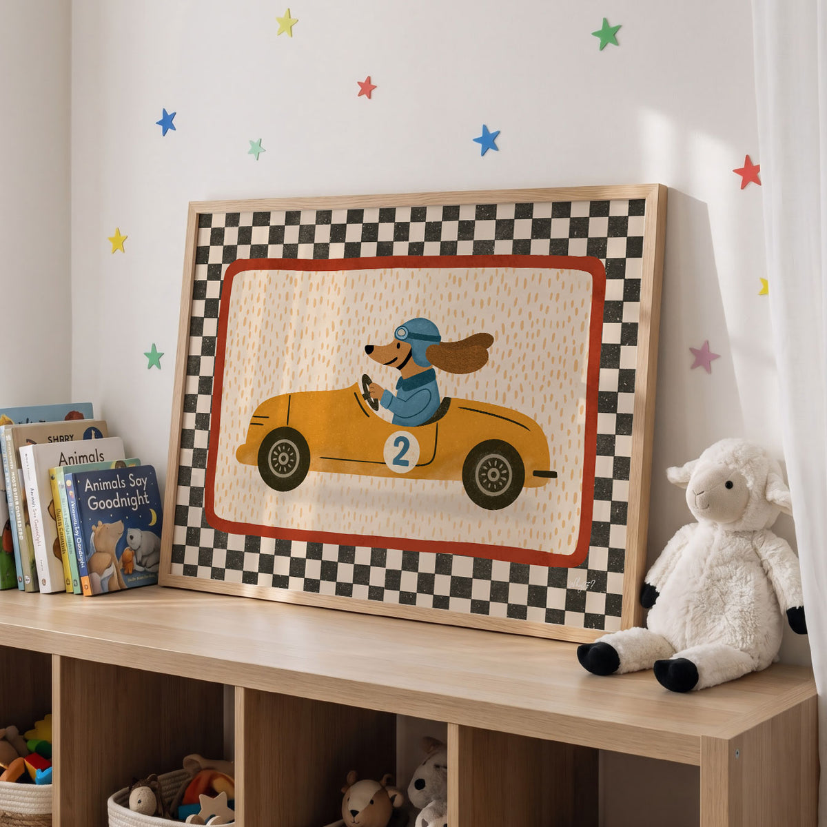 Landscape poster of a dog in a blue helmet driving a yellow race car number two