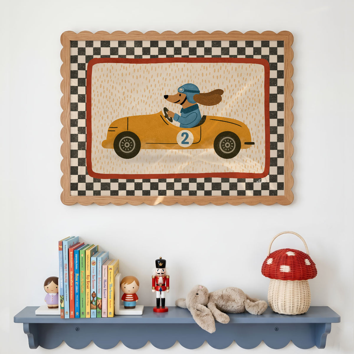 Landscape poster of a dog in a blue helmet driving a yellow race car number two
