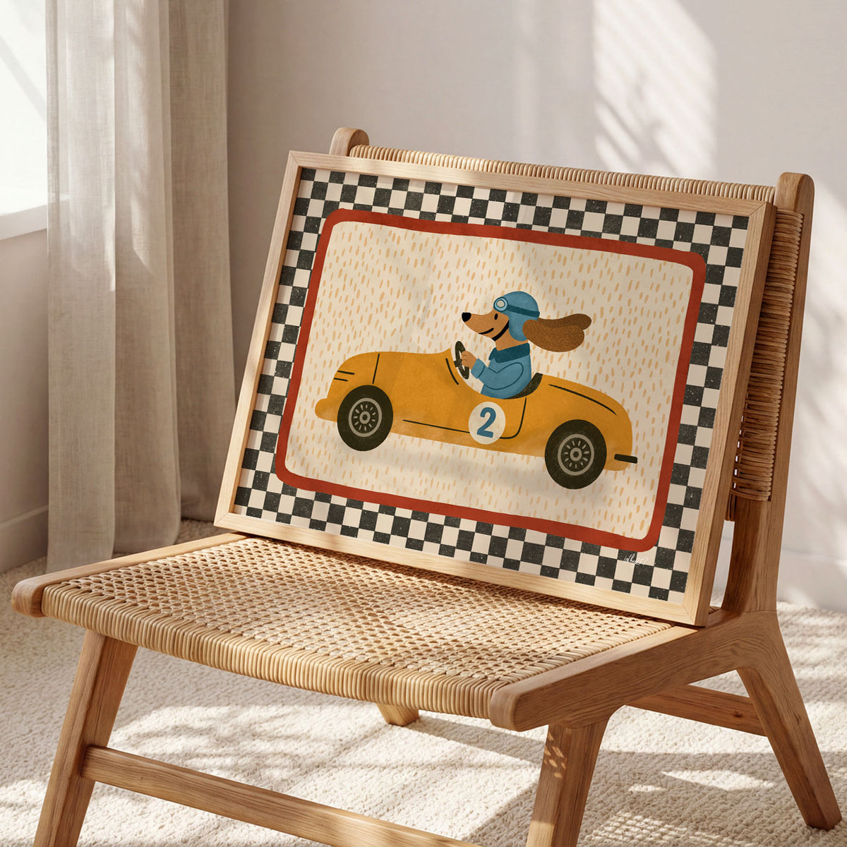 Landscape poster of a dog in a blue helmet driving a yellow race car number two