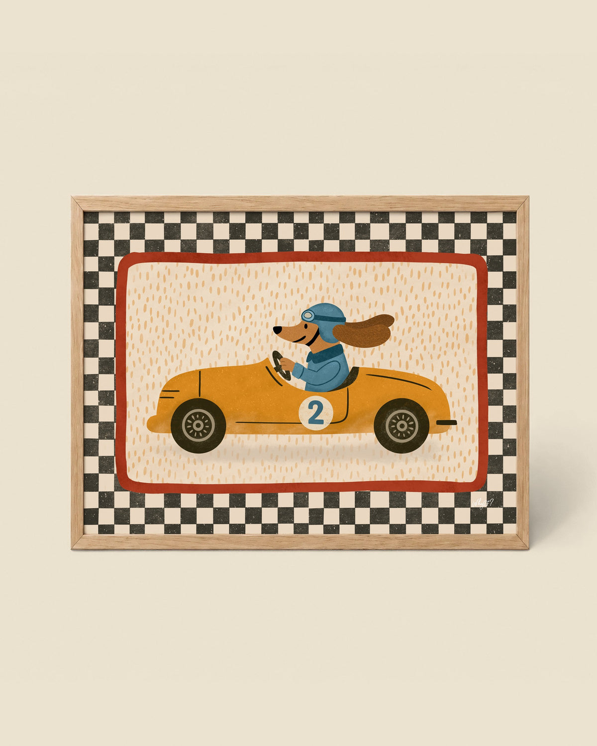Race Car Dog Poster framed in a natural wood frame