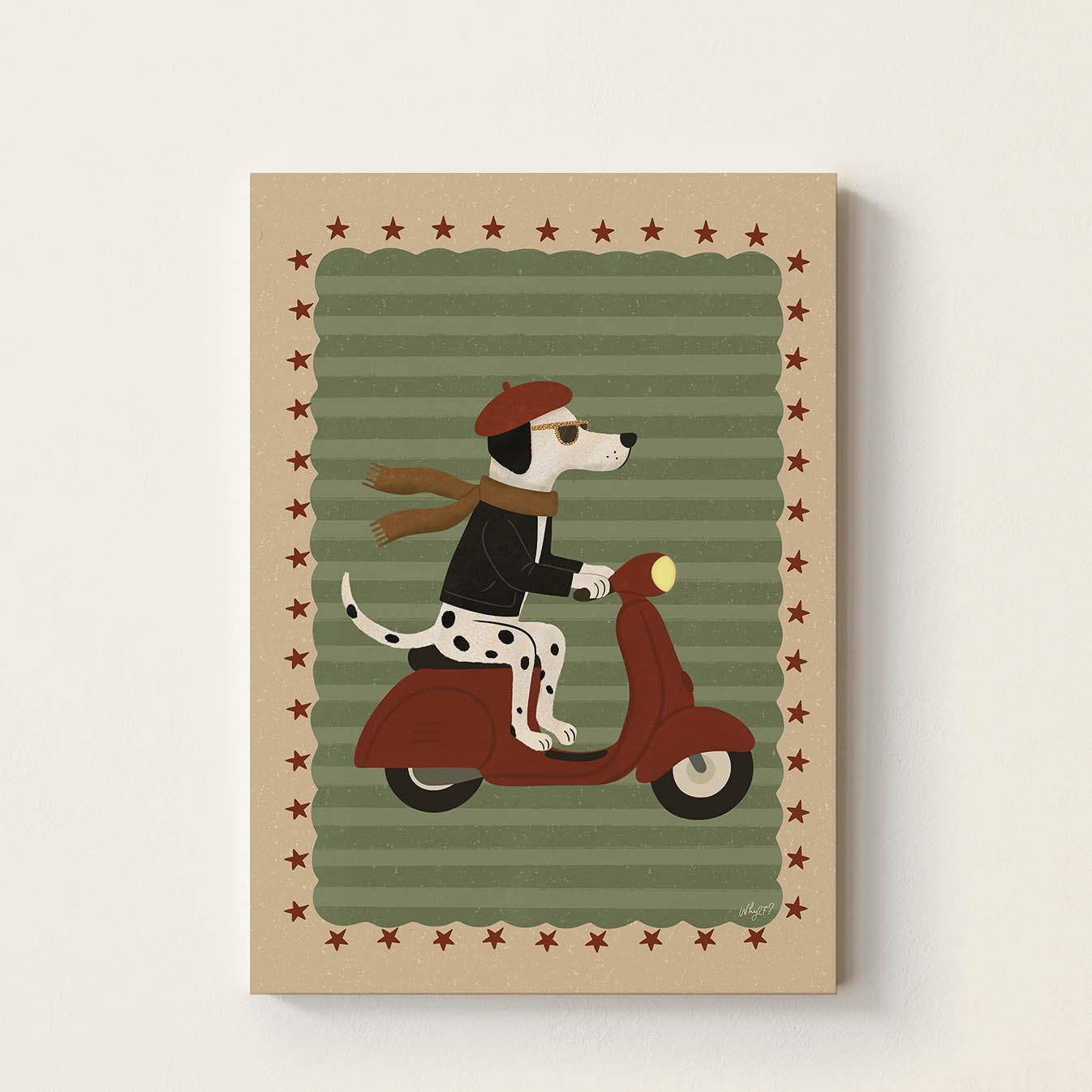 Hand-drawn Dalmatian wearing a red beret and scarf while riding a vintage red scooter, retro-inspired kids wall art for nurseries, bedrooms, playrooms, and reading corners.