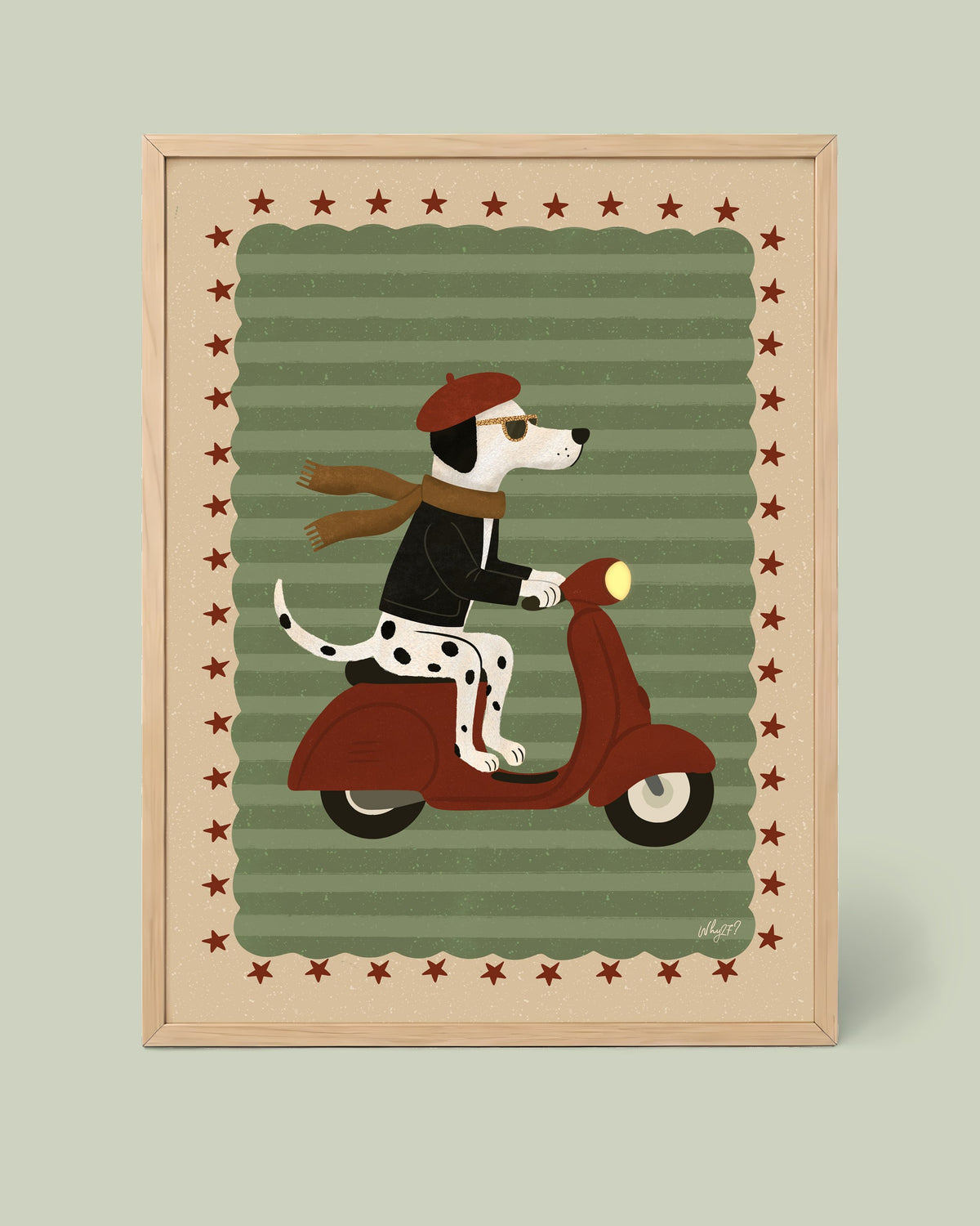 Parisian Pup Poster framed in a natural wood frame