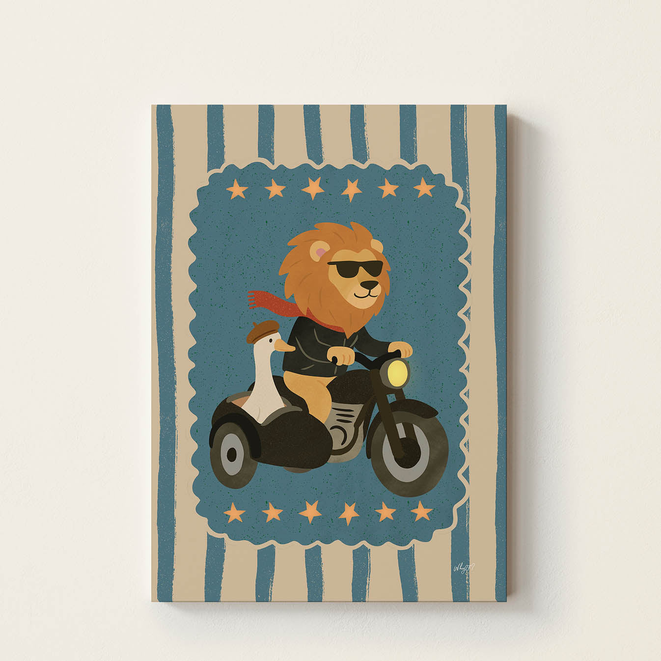 Hand-drawn lion wearing sunglasses riding a vintage motorcycle with a goose in a sidecar, whimsical Ride & Roll wall art for kids' bedrooms, nurseries, and playrooms.