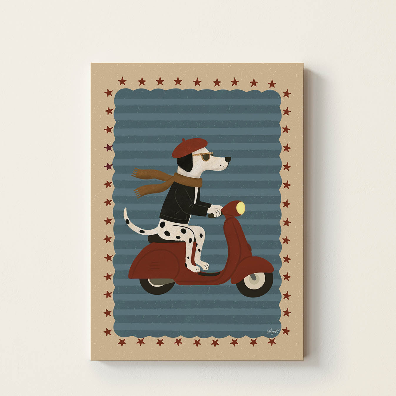 Hand-drawn Dalmatian dog wearing sunglasses, beret, and scarf riding a vintage red scooter, retro kids wall art poster for nursery, bedroom, and playroom decor.