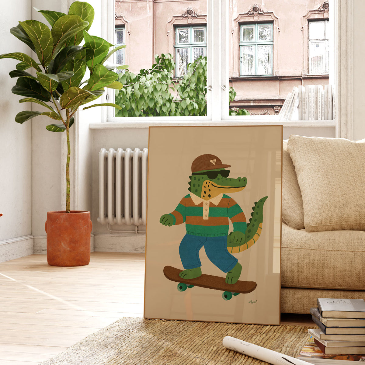 Crocodile skateboard kids wall art featuring a cool croc in a striped polo shirt and blue trousers.