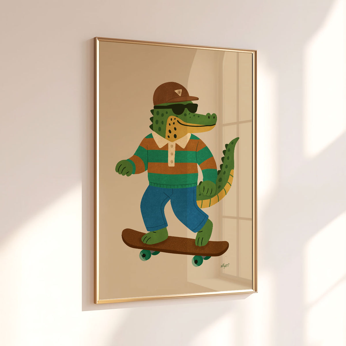 Kids skateboard wall art featuring a hand-drawn crocodile skater on a warm beige background.