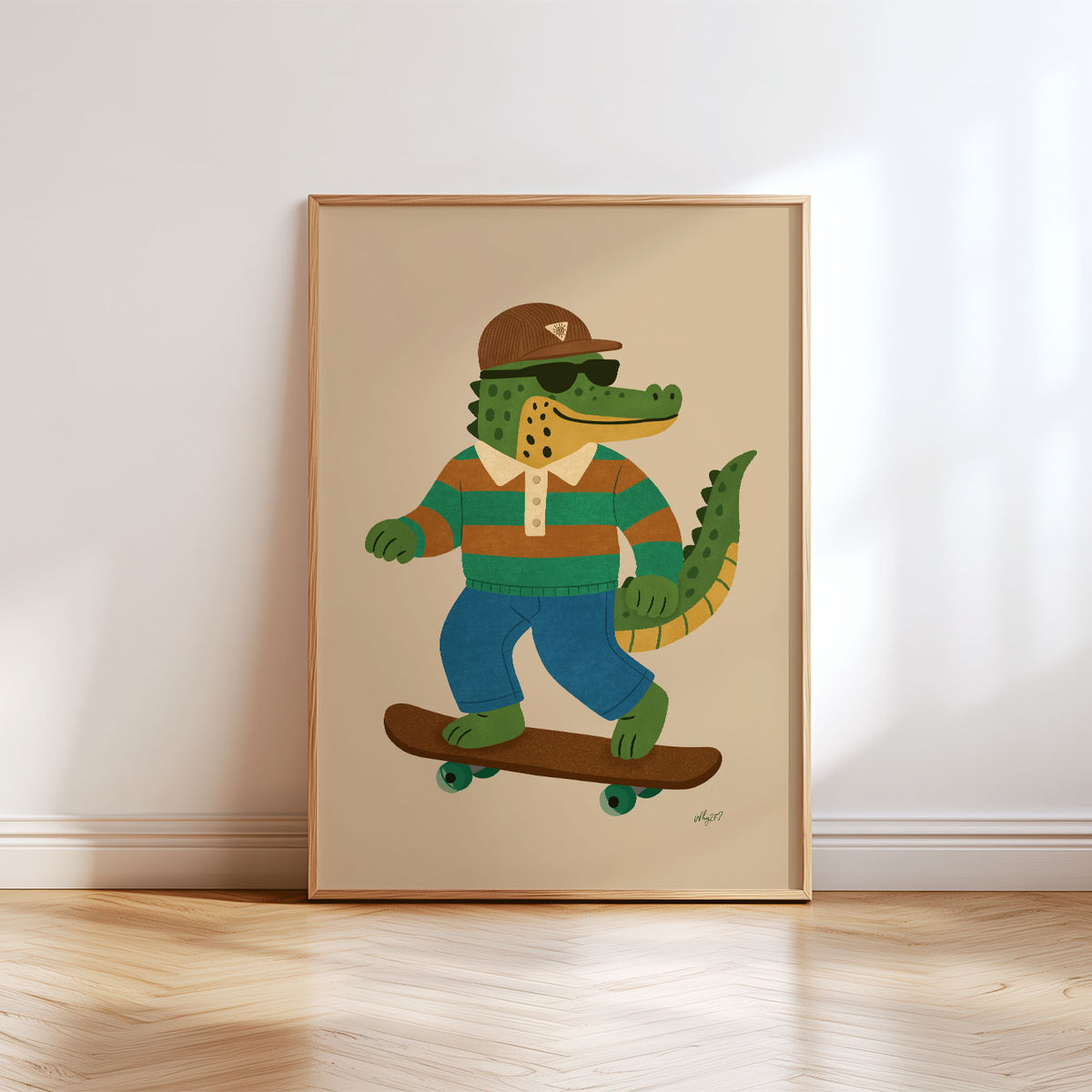 Playful green crocodile cruising on a brown skateboard in sunglasses and retro striped clothing.