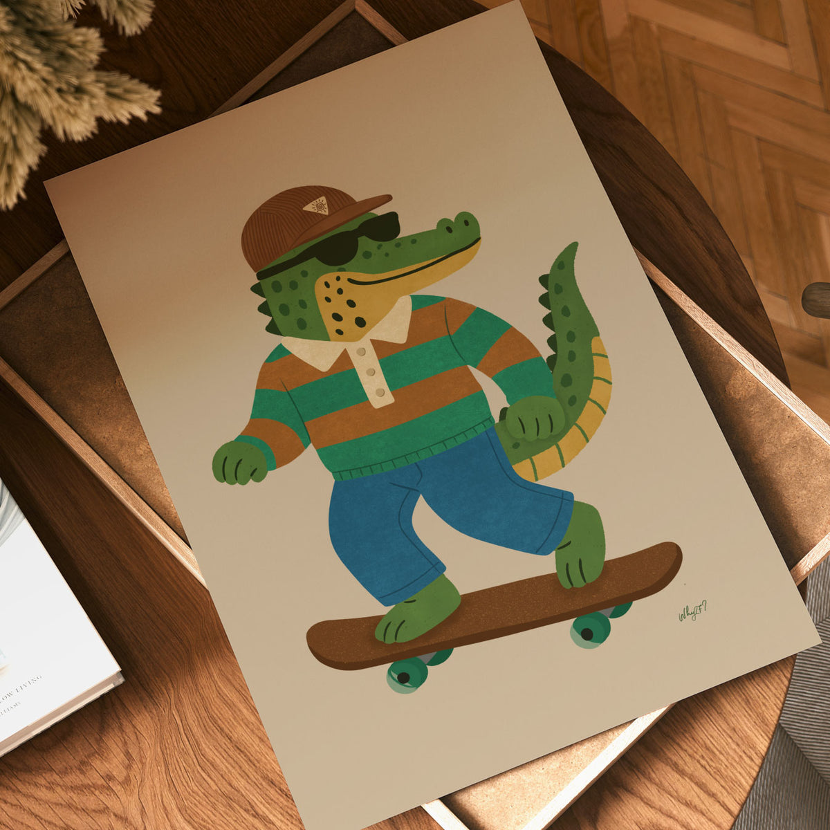 Cool croc skateboard poster with sunglasses and vintage-style outfit for a kids bedroom or playroom.