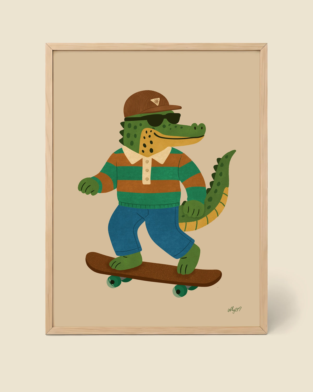 Skater Crocodile Poster framed in a natural wood frame